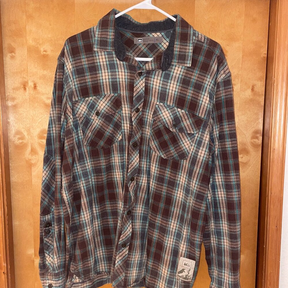 REI Signature Flannel Green, Brown & Tan Men's XL Long Sleeve 100% Cotton